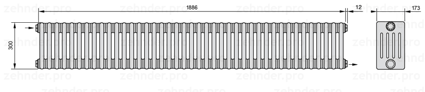 Схема (чертеж) Радиатор Zehnder Charleston 5030/41 №1670 Белый глянцевый RAL 9016